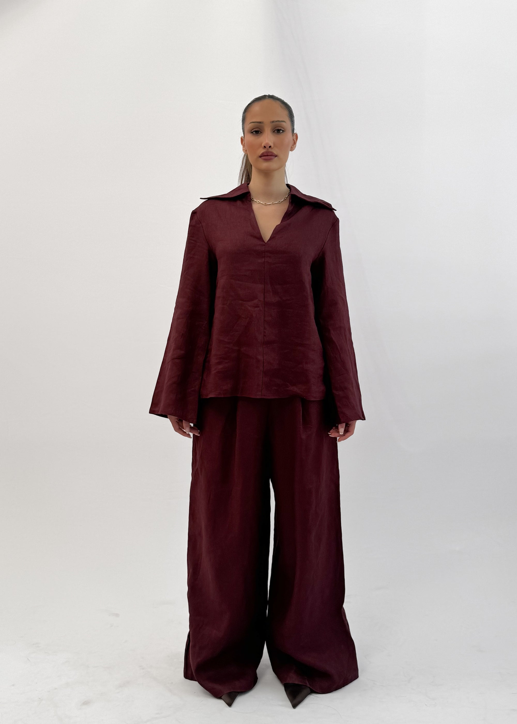 SIERRA BORDEAUX LINEN TOP AND PANT SET