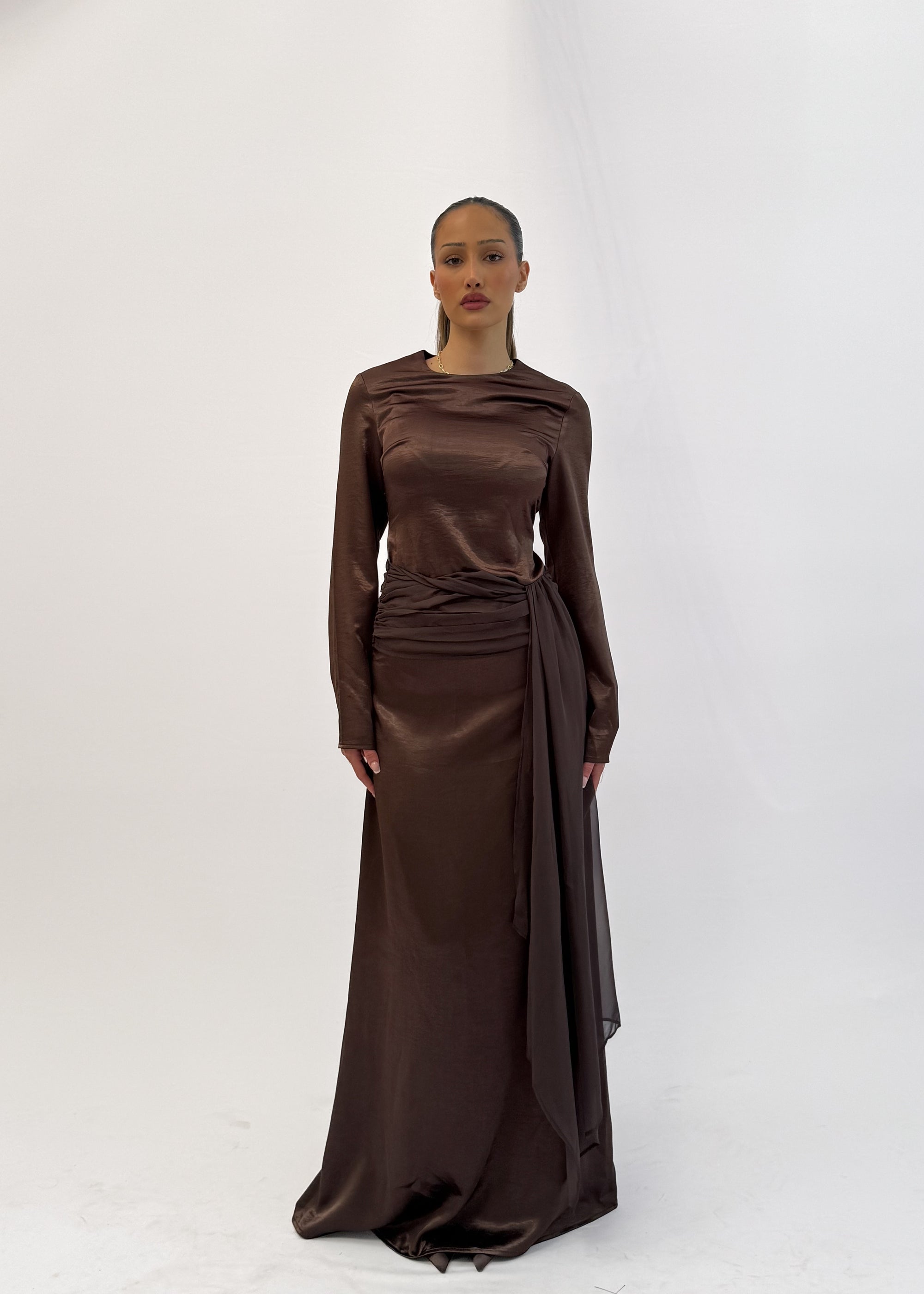 MIST SATIN TOP AND SKIRT SET - CHOCOLATE