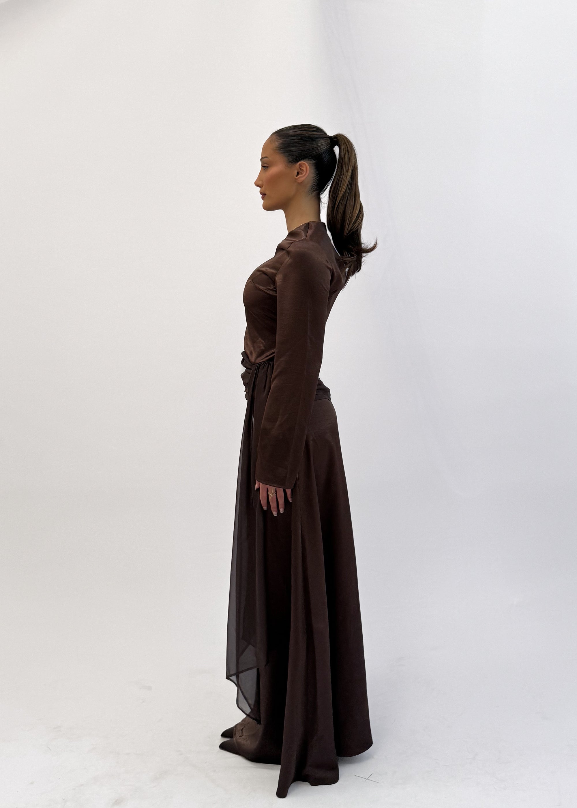 MIST SATIN TOP AND SKIRT SET - CHOCOLATE