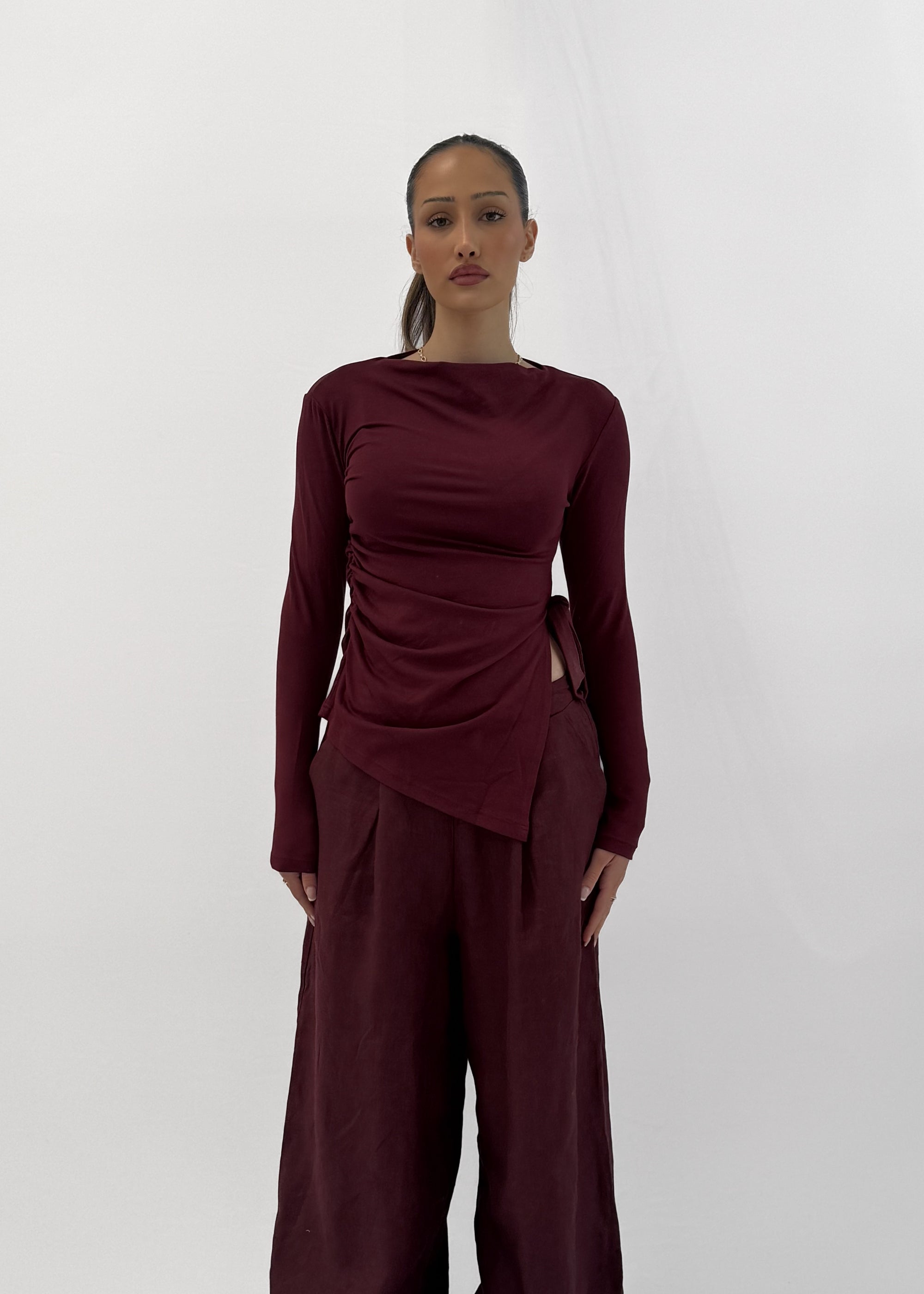 MINA RUCHED JERSEY TOP - BORDEAUX