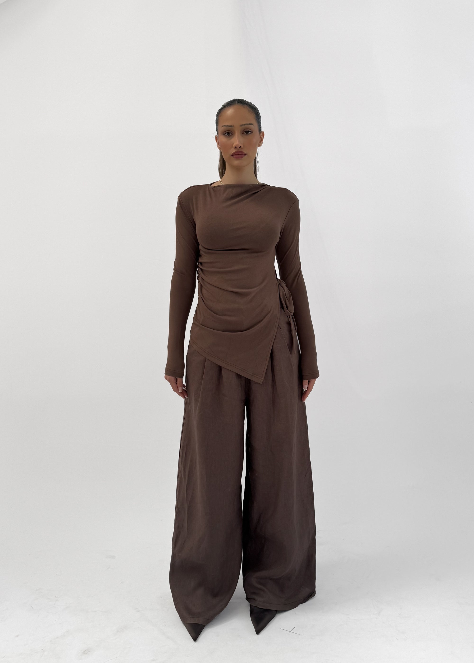 MINA RUCHED JERSEY TOP - CHOCOLATE