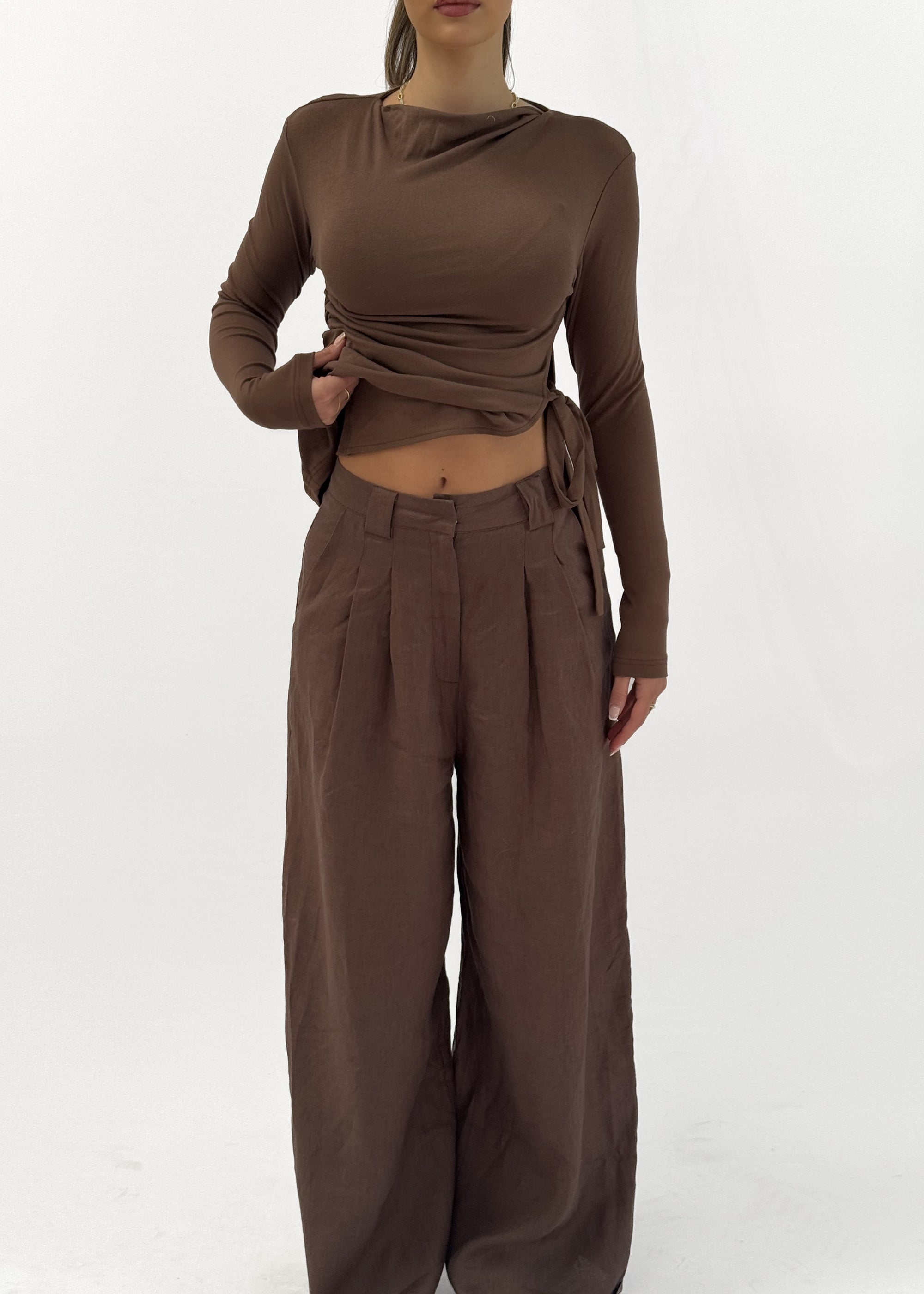 ALBA WIDE LEG LINEN TROUSER - CHOCOLATE