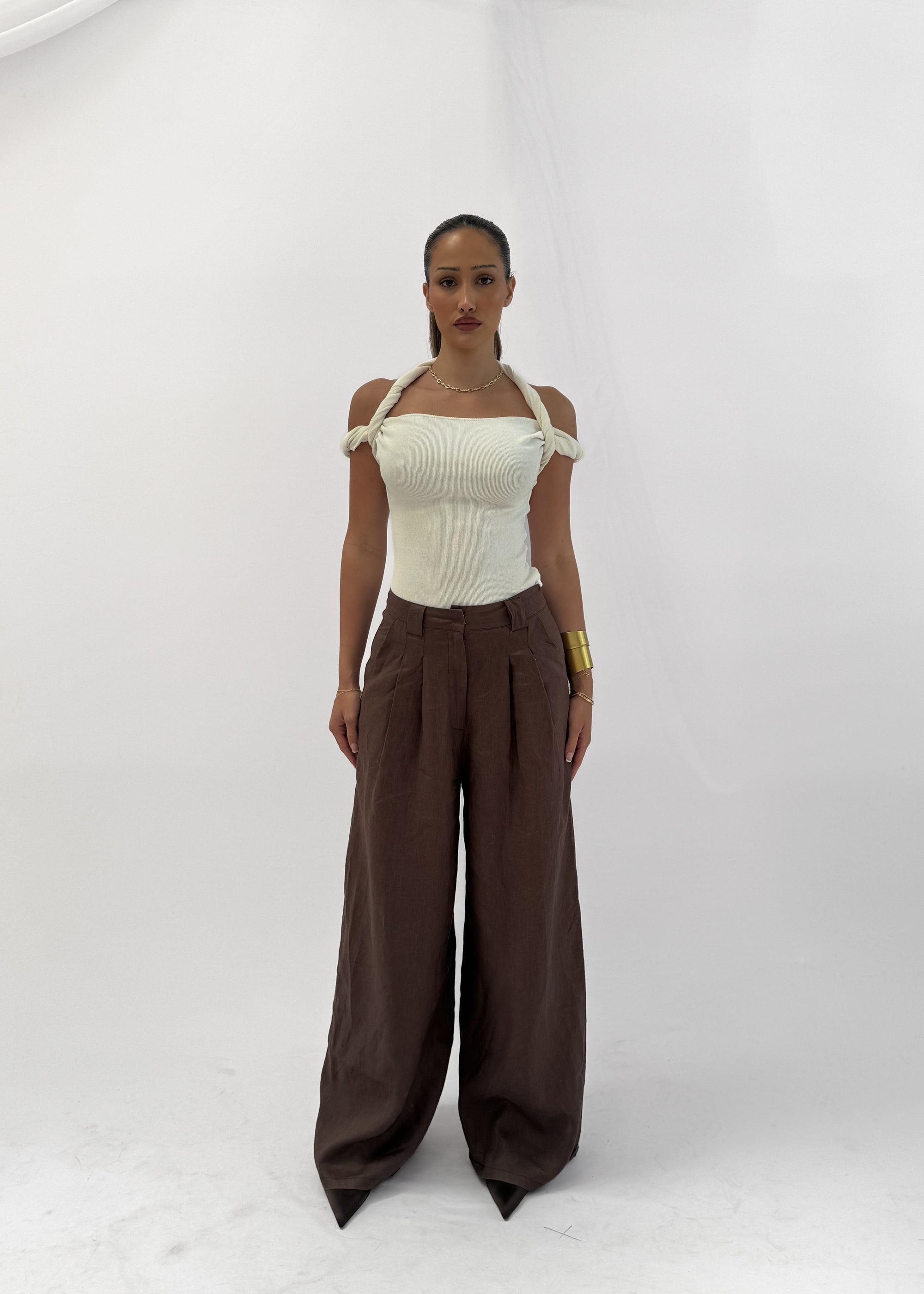 ALBA WIDE LEG LINEN TROUSER - CHOCOLATE