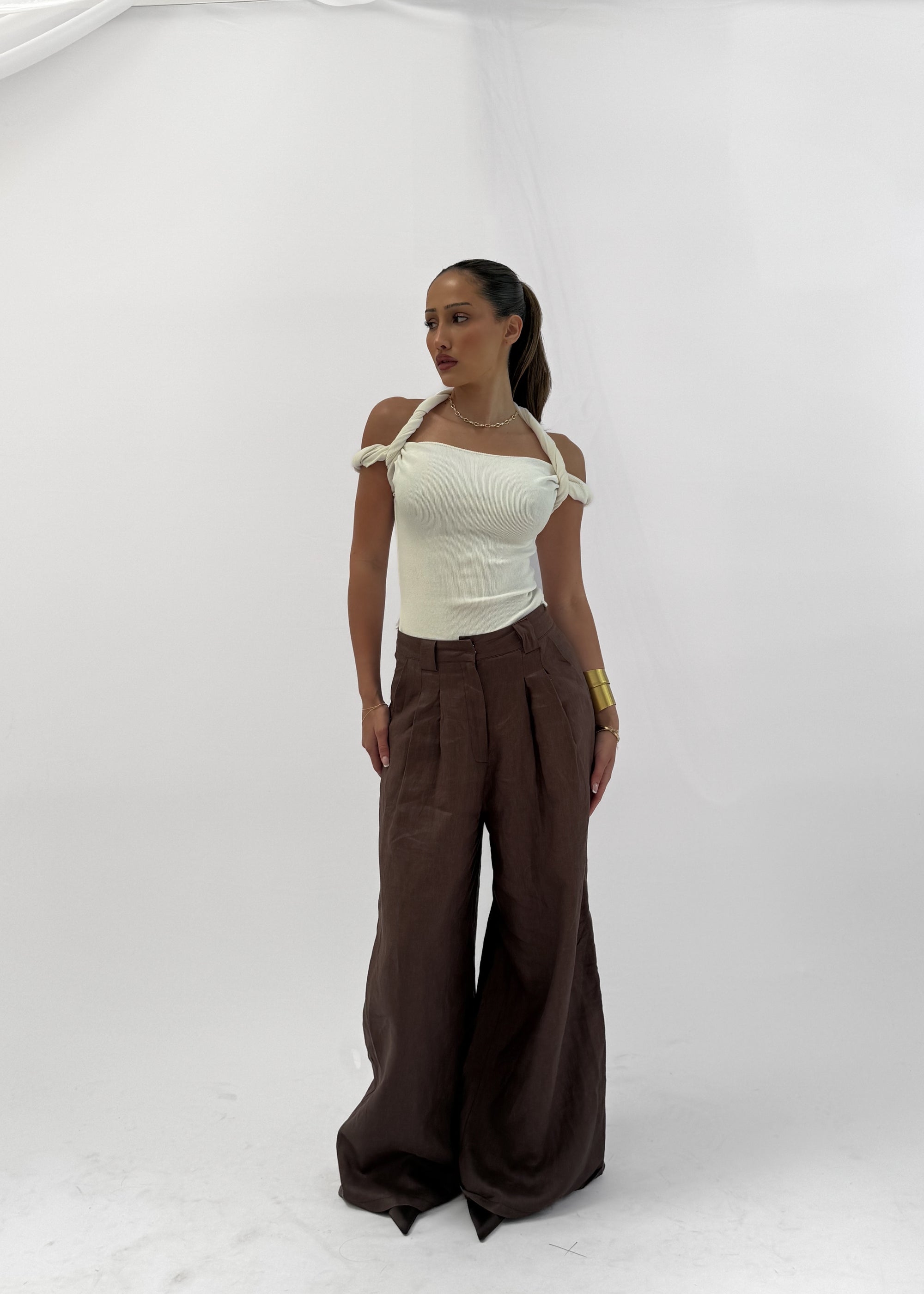 ALBA WIDE LEG LINEN TROUSER - CHOCOLATE