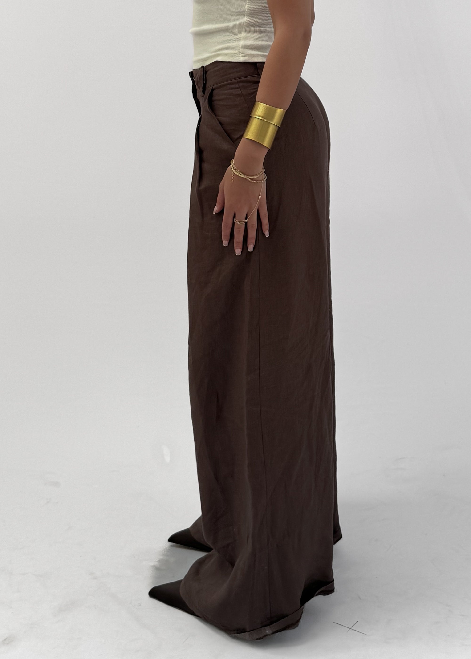 ALBA WIDE LEG LINEN TROUSER - CHOCOLATE