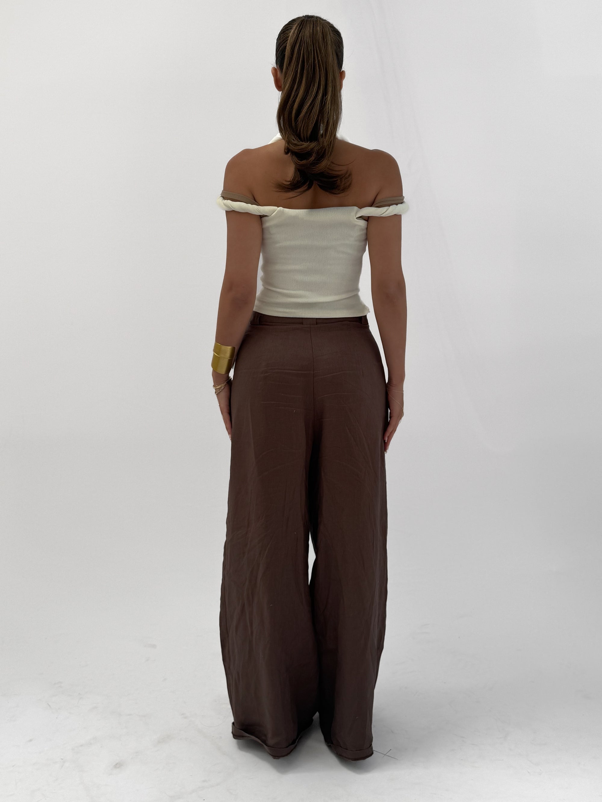 ALBA WIDE LEG LINEN TROUSER - CHOCOLATE
