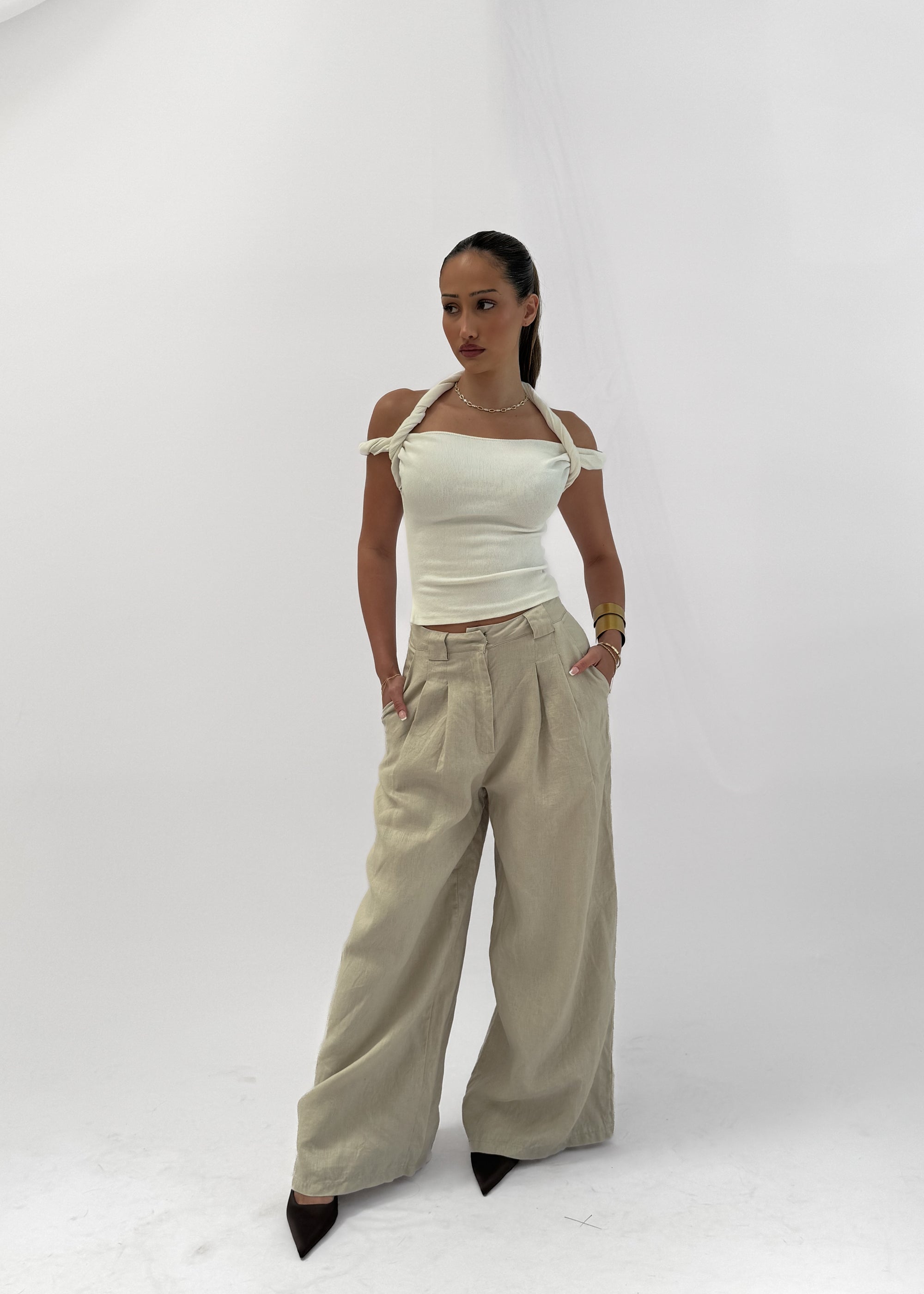 ALBA WIDE LEG LINEN TROUSER - CLAY