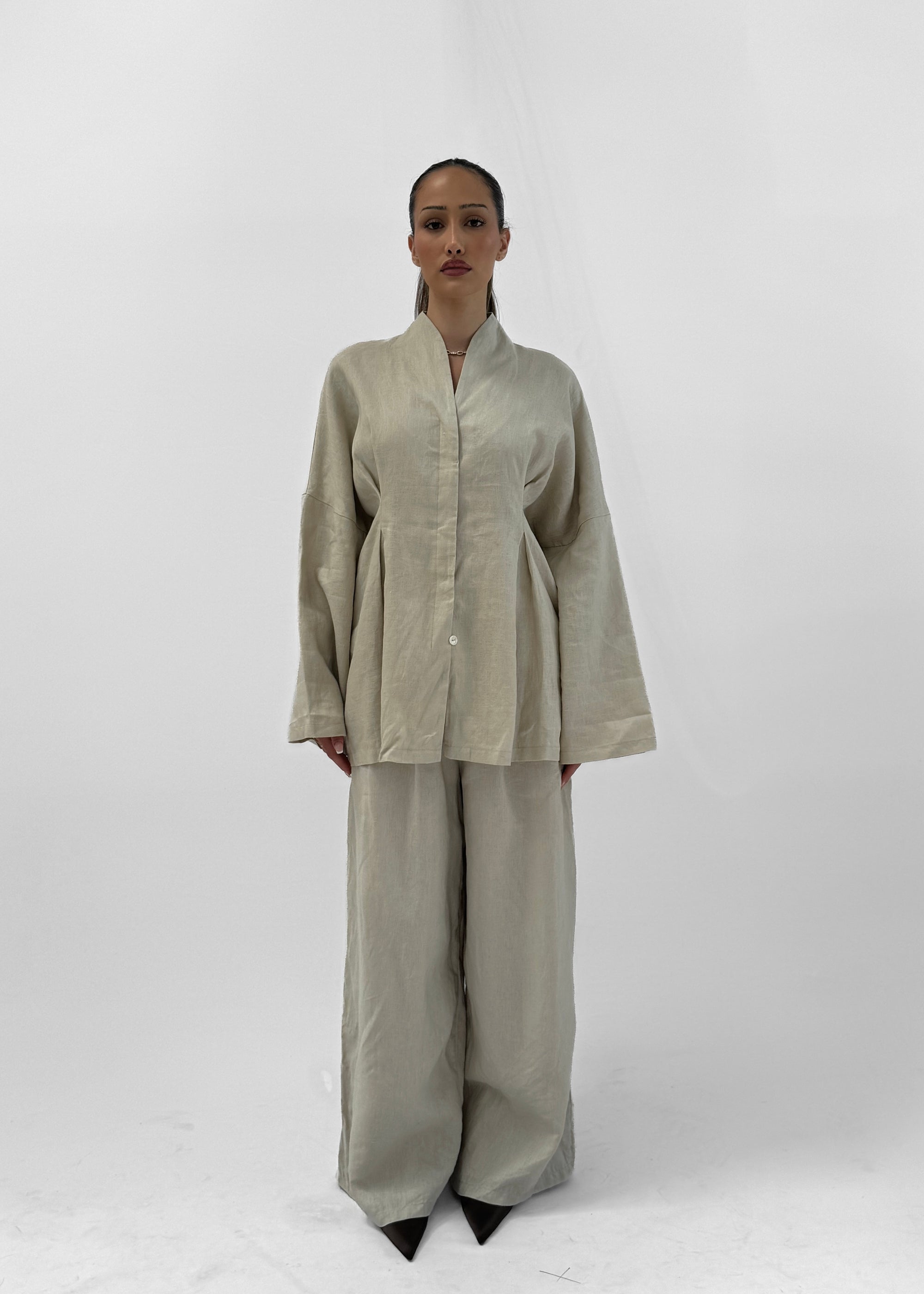 SERA LINEN CINCHED SHIRT - CLAY