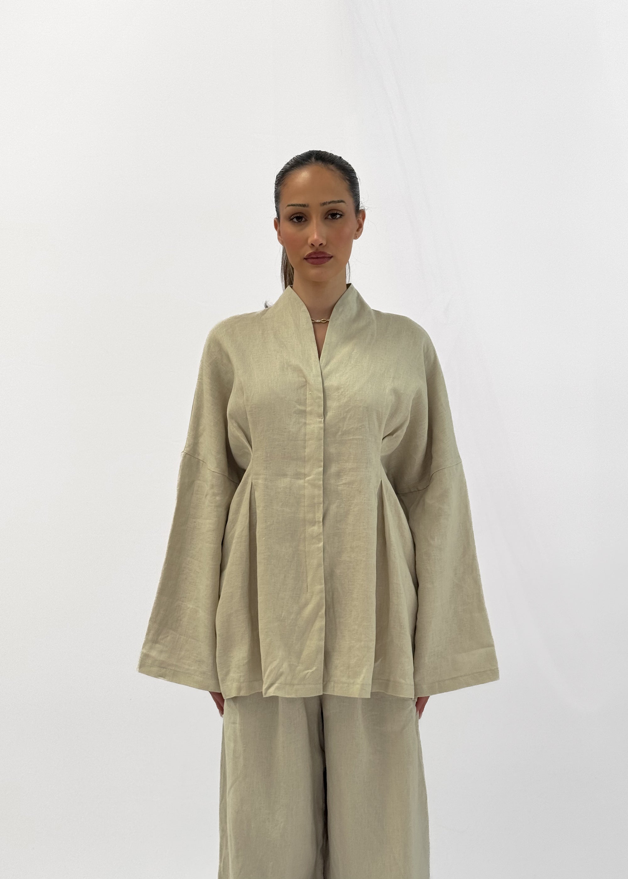 SERA LINEN CINCHED SHIRT - CLAY