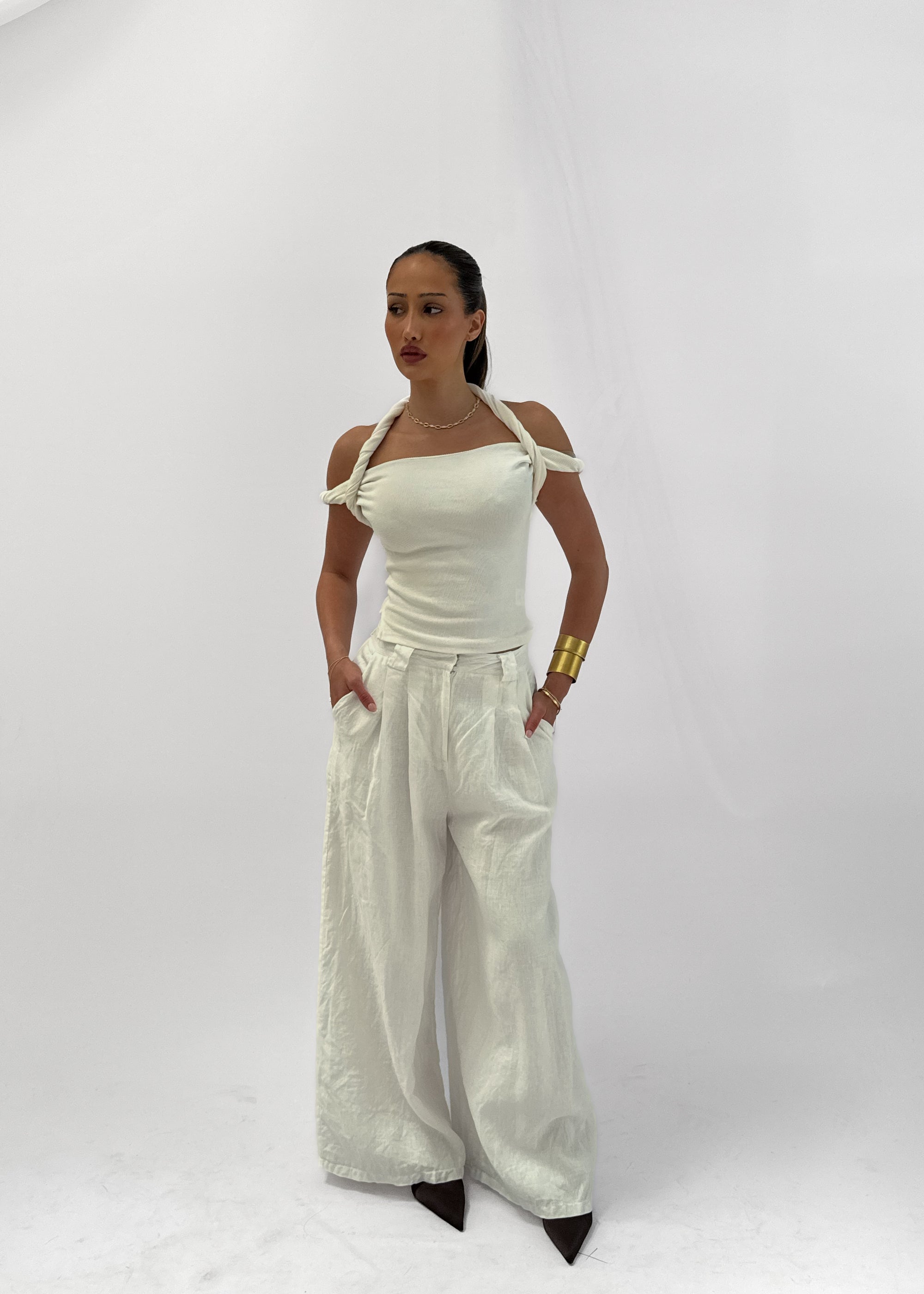 ALBA WIDE LEG LINEN TROUSER - BLANC